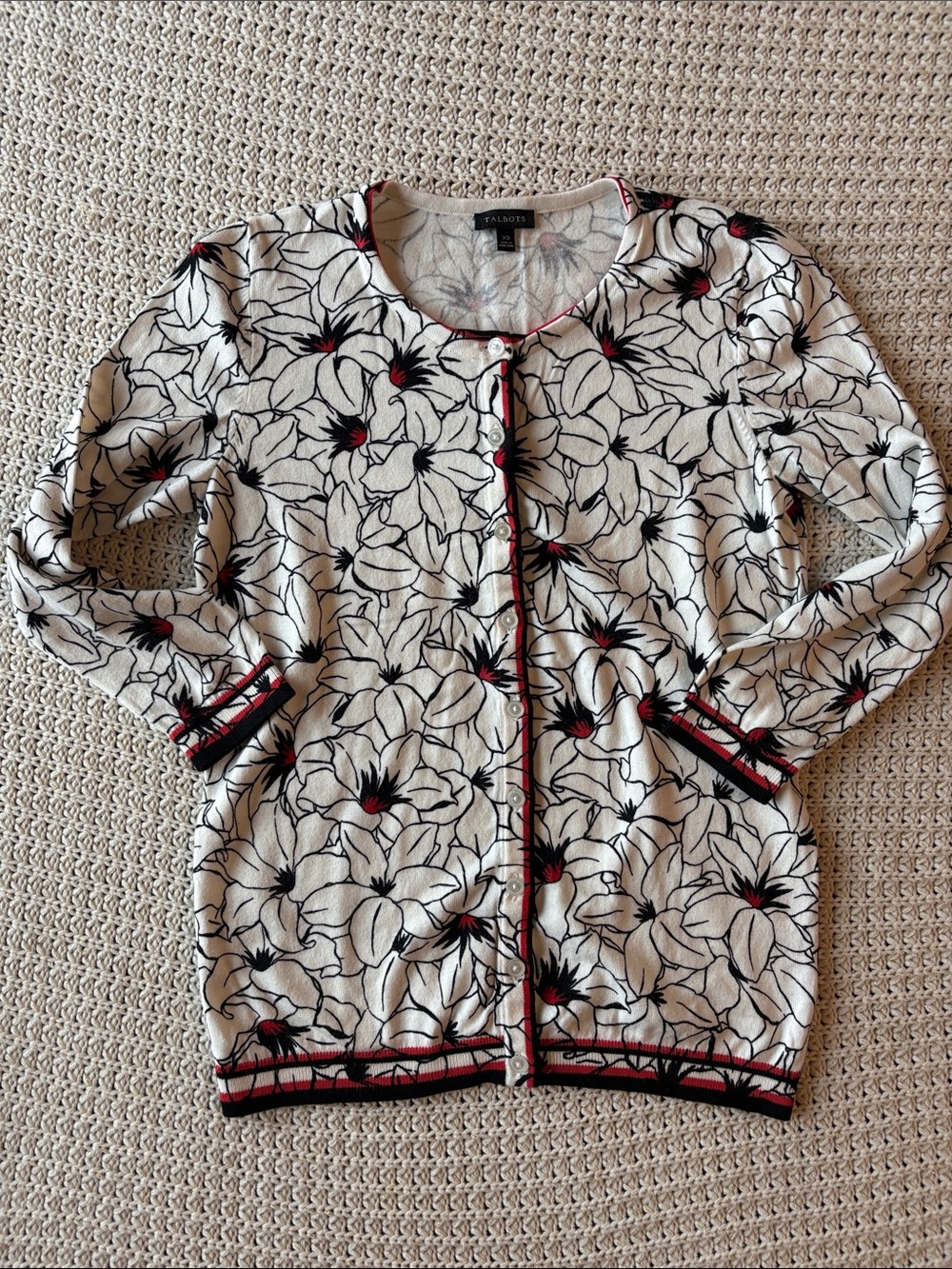 Talbots Cream Floral Button-Front Cardigan with Black & Red Accents